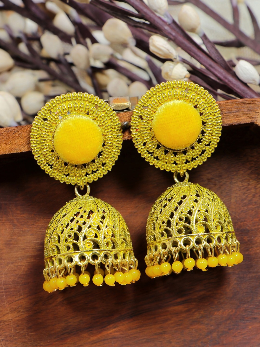 

Crunchy Fashion Gold-Plated Yellow Dome Shaped Velvet Enamelled Jhumkas Earrings