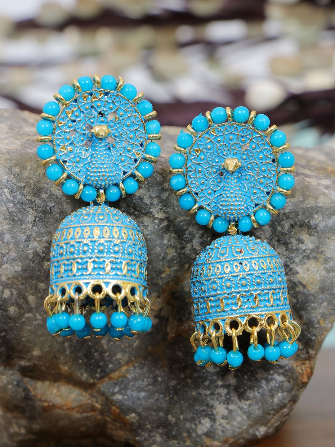 

Crunchy Fashion Blue Gold-Plated Contemporary Jhumkas Earrings