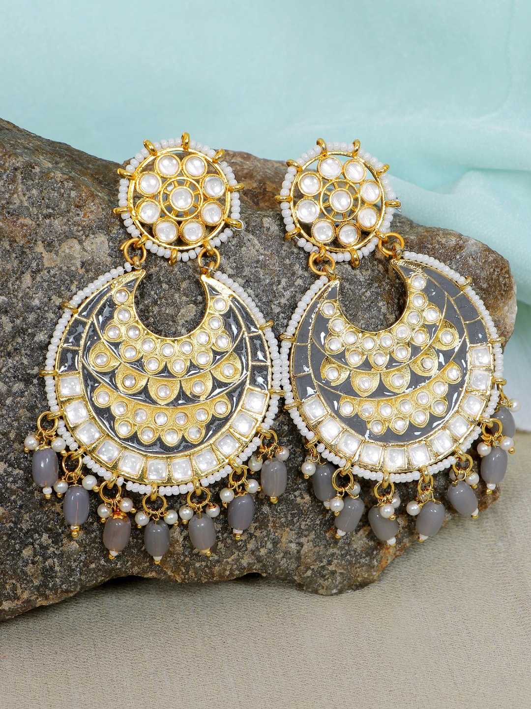 

Crunchy Fashion Gold-Plated Grey & White Meenakari Kundan Chandbalis Earrings