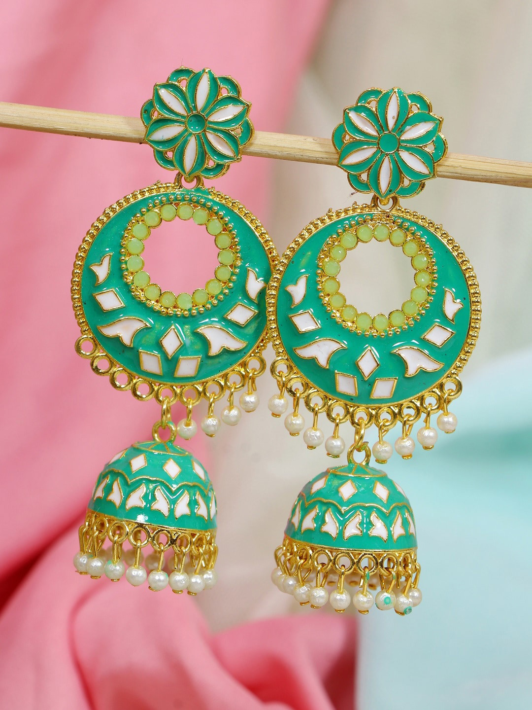 

Crunchy Fashion Green Gold-Plated Contemporary Jhumkas Earrings