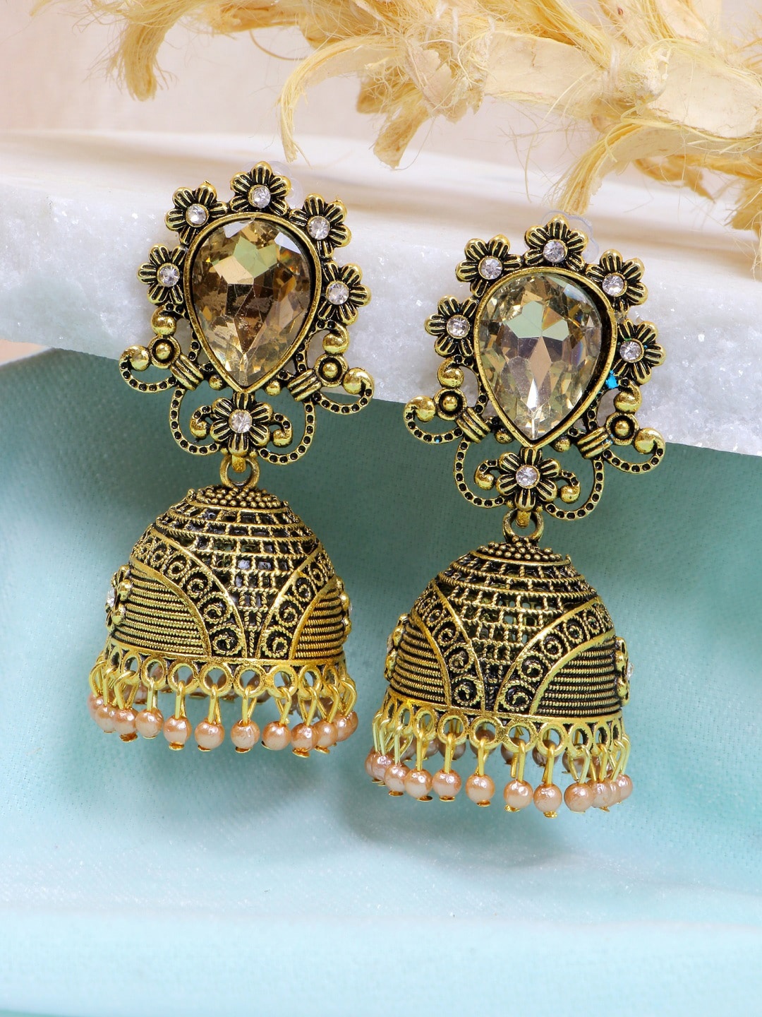 

Crunchy Fashion Gold-Plated Brown Dome Shaped Pearl Antique Jhumkas Earrings