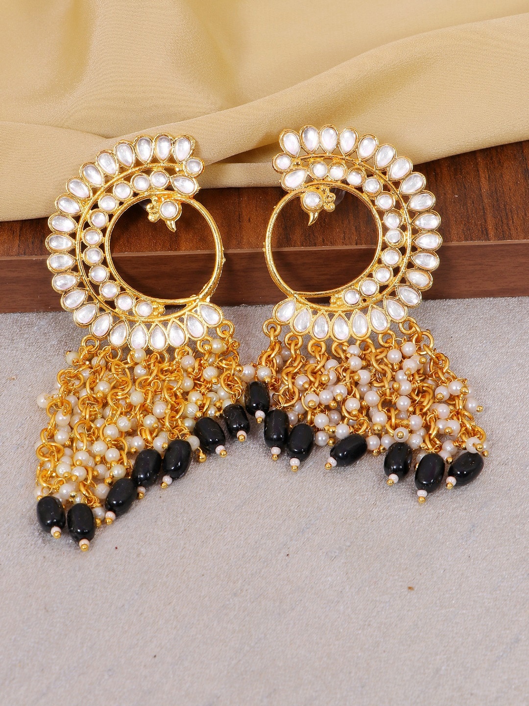 

Crunchy Fashion Gold-Plated Black & White Kundan Drop Earrings