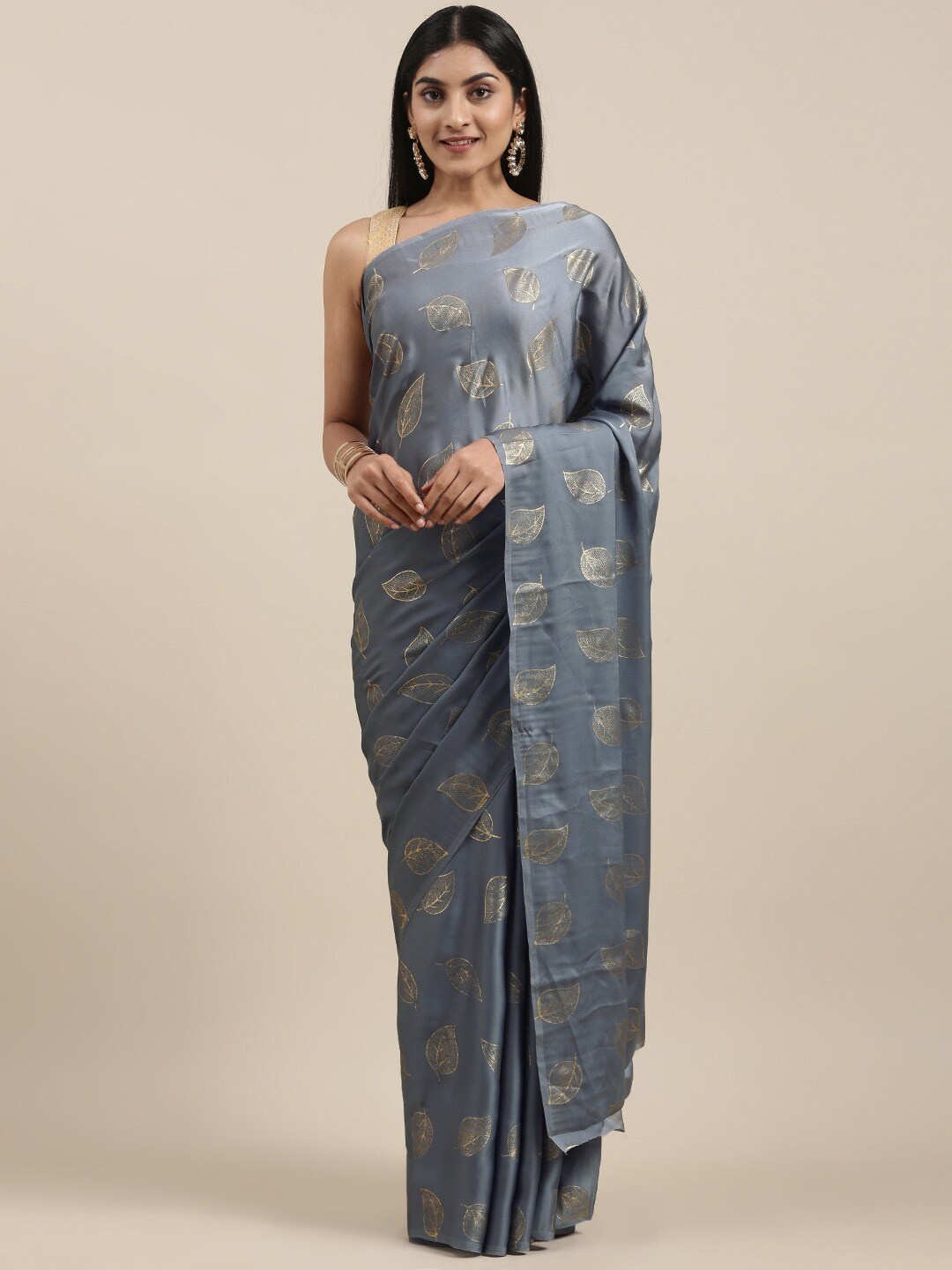 

KALINI Grey & Golden Floral Satin Silk Saree