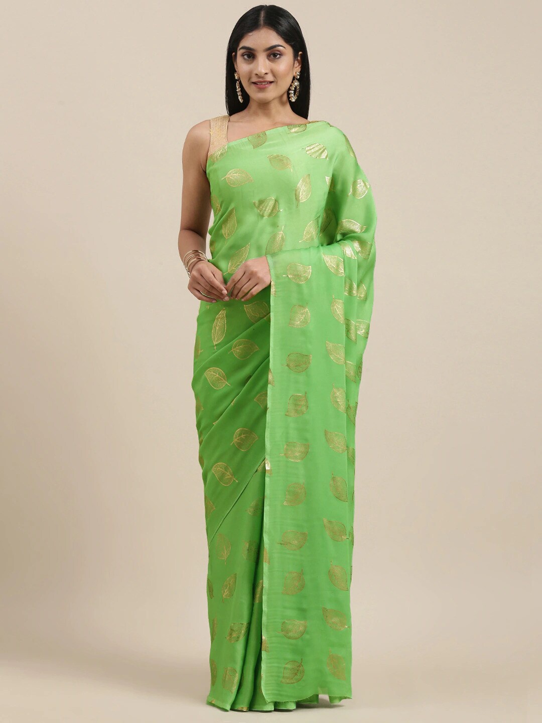 

KALINI Green & Gold-Toned Floral Printed Satin Saree