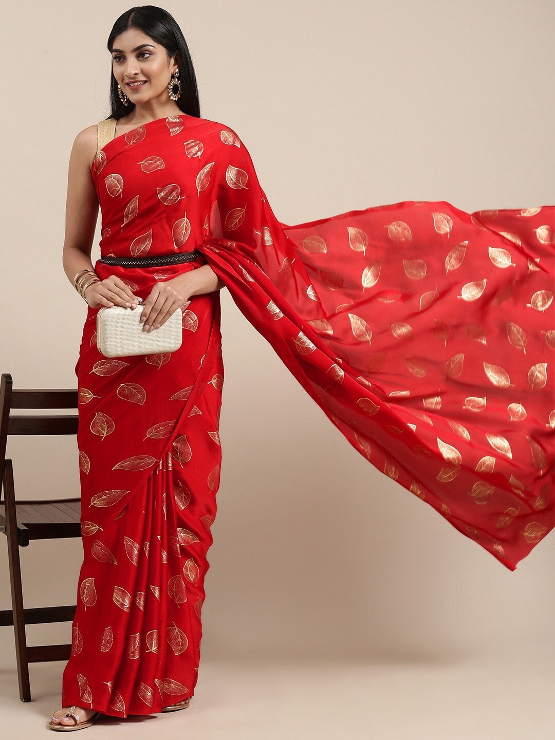 

KALINI Red & Gold-Toned Floral Satin Saree