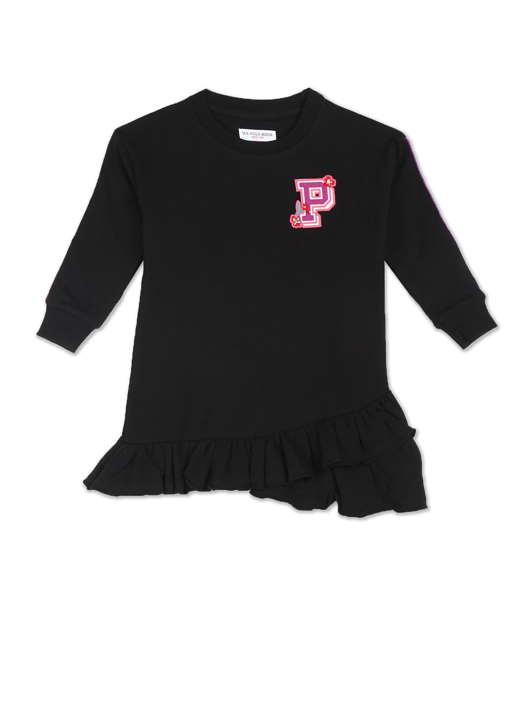 

U S Polo Assn Girls Black Applique Drop-Waist Cotton Dress