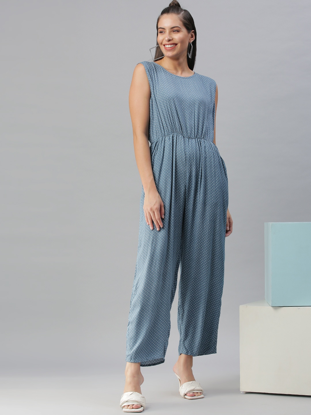 

SHOWOFF Blue & White Printed Basic Jumpsuit
