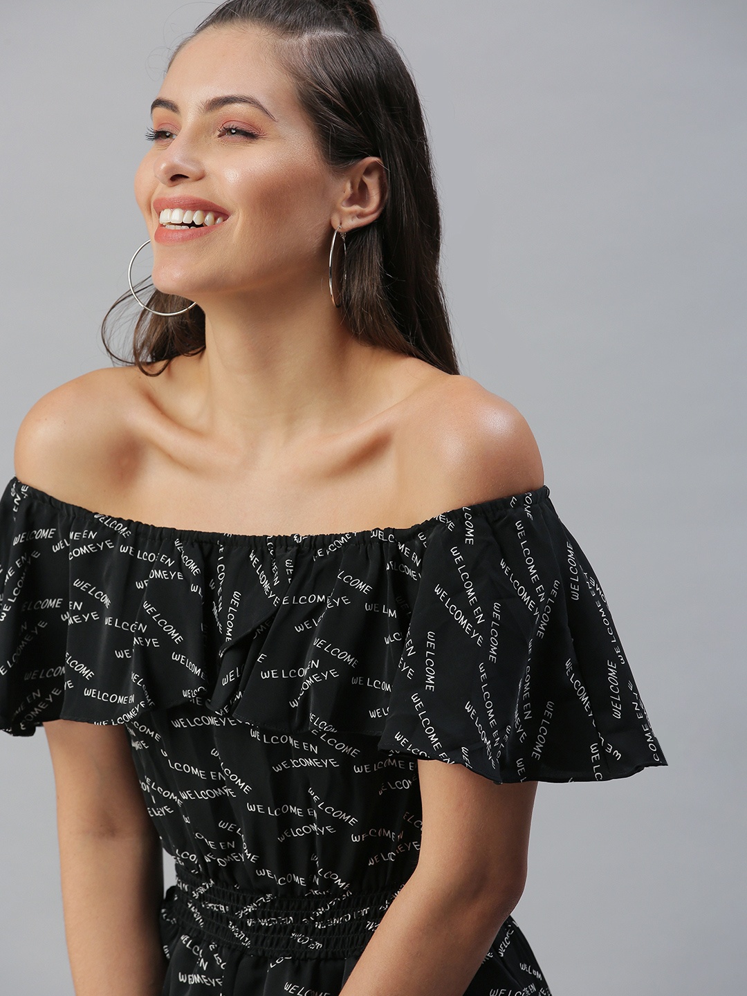 

SHOWOFF Black & White Printed Off-Shoulder Cotton Basic Jumpsuit