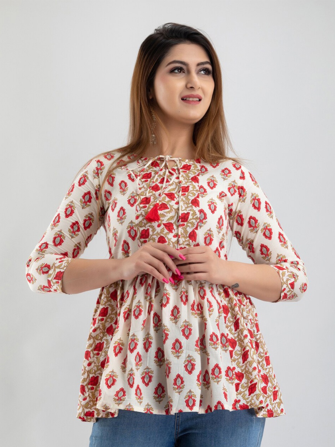 

Maishi White & Red Ethnic Print Tie-Up Neck Pure Cotton A-line Top