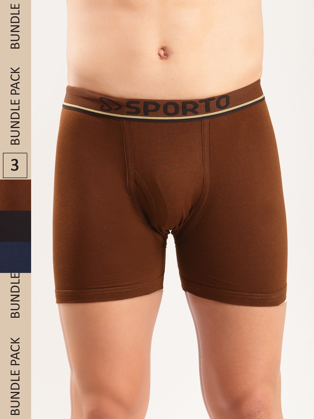 

SPORTO Pack of 3 Blue, Black and Brown solid Cotton long trunks ASI111BTRNKMLT