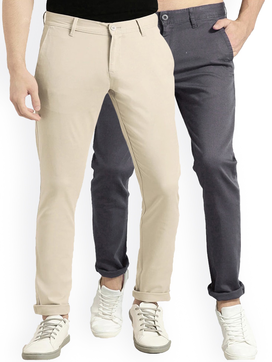 

AD & AV Men Pack Of 2 Cream-Coloured & Grey Classic Easy Wash Chinos Trousers