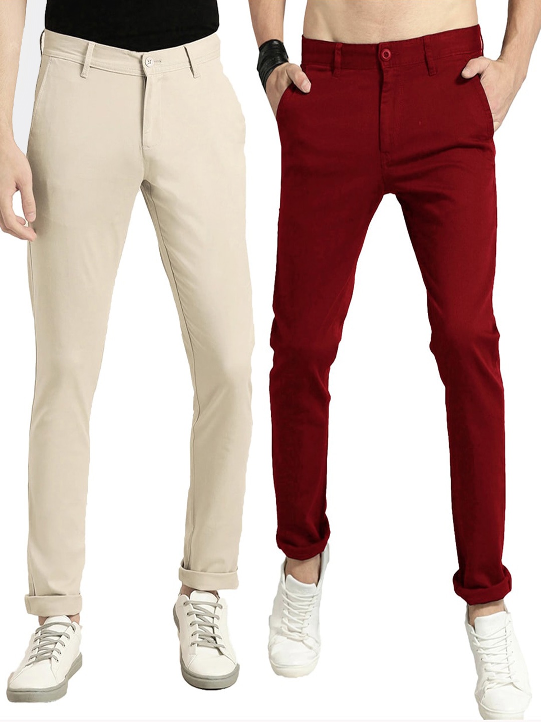 

AD & AV Pack of 2 Men Maroon Classic Easy Wash Chinos Trousers