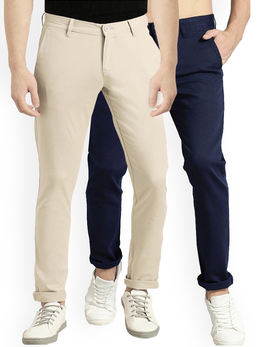 

AD & AV Men Pack Of 2 Cream-Coloured & Navy Blue Classic Easy Wash Chinos Trousers