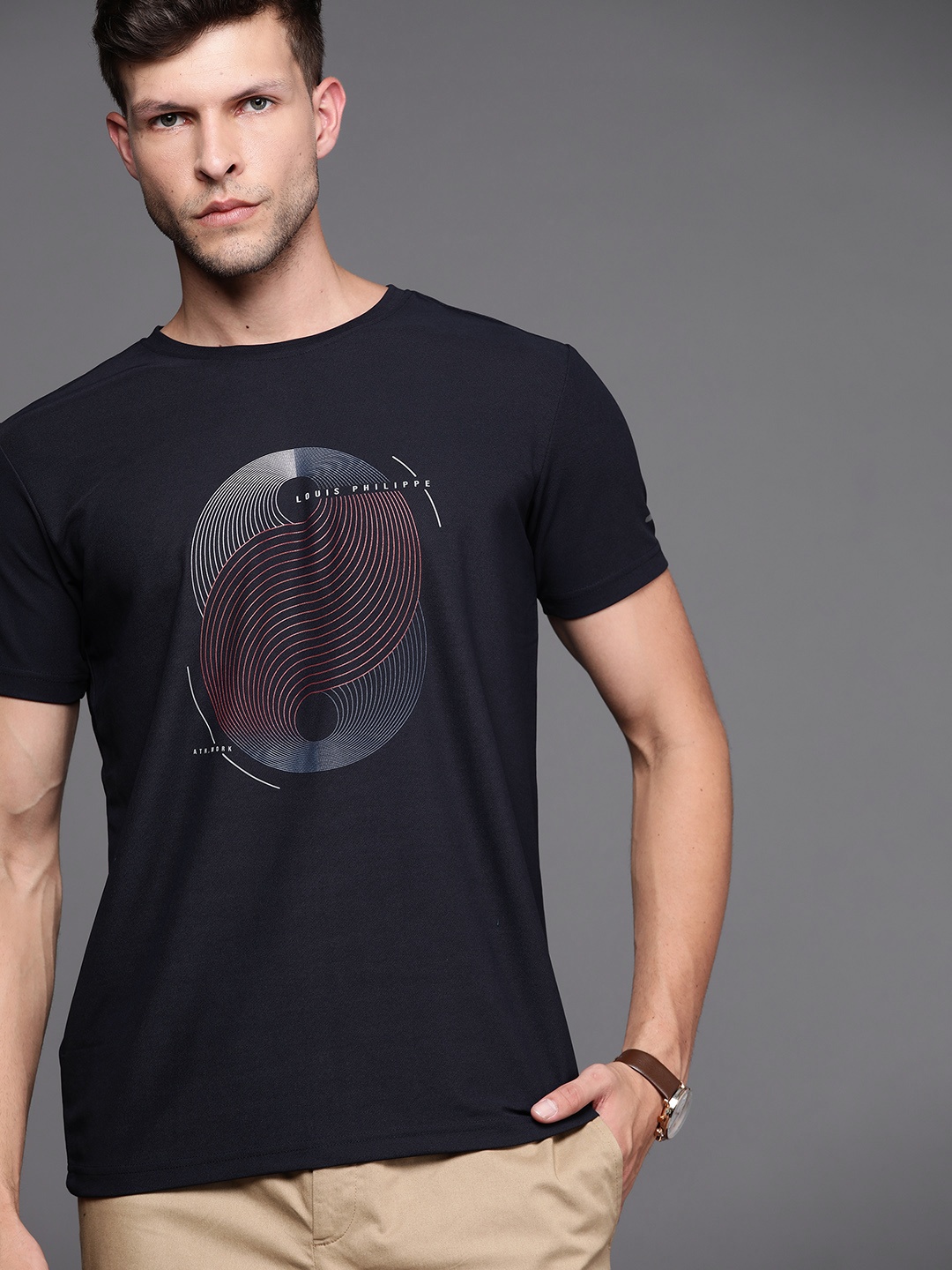 

Louis Philippe Ath Work Men Navy Blue Brand Logo Printed Slim Fit T-shirt