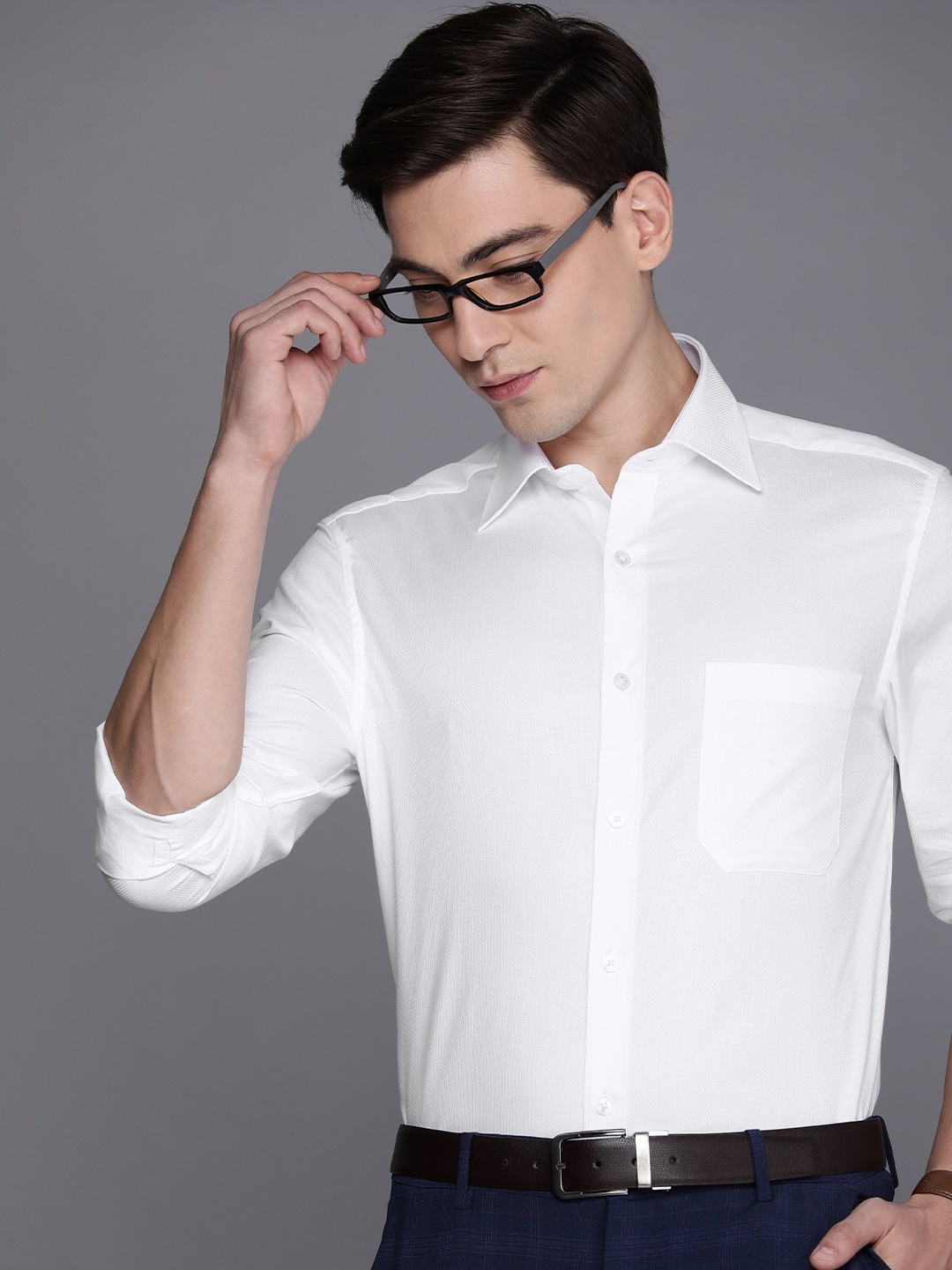 

Louis Philippe Men White Self Designed Classic Pure Cotton Formal Shirt