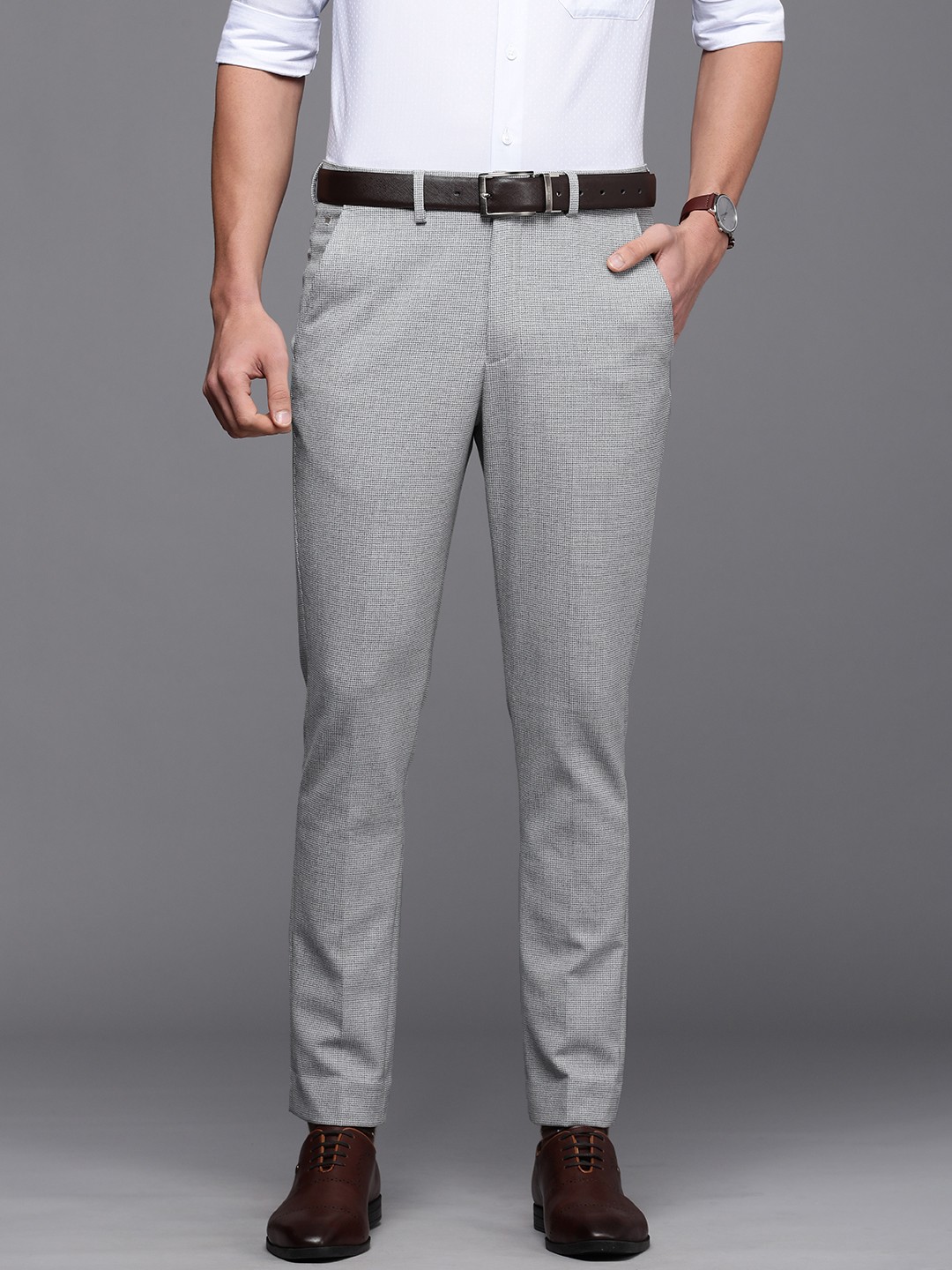 

Louis Philippe Men Grey Carrot Fit Textured Formal Trousers