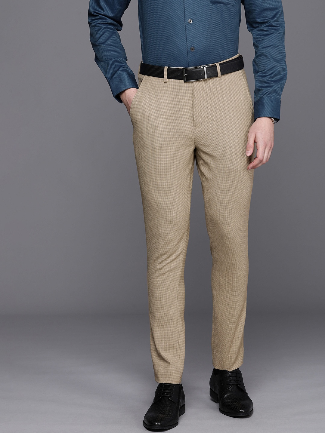 

Louis Philippe Men Self Design Textured Carrot Slim Fit Formal Trousers, Khaki