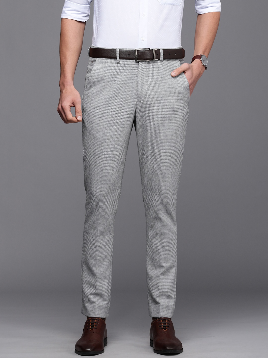 

Louis Philippe Men Grey Carrot Fit Textured Formal Trousers