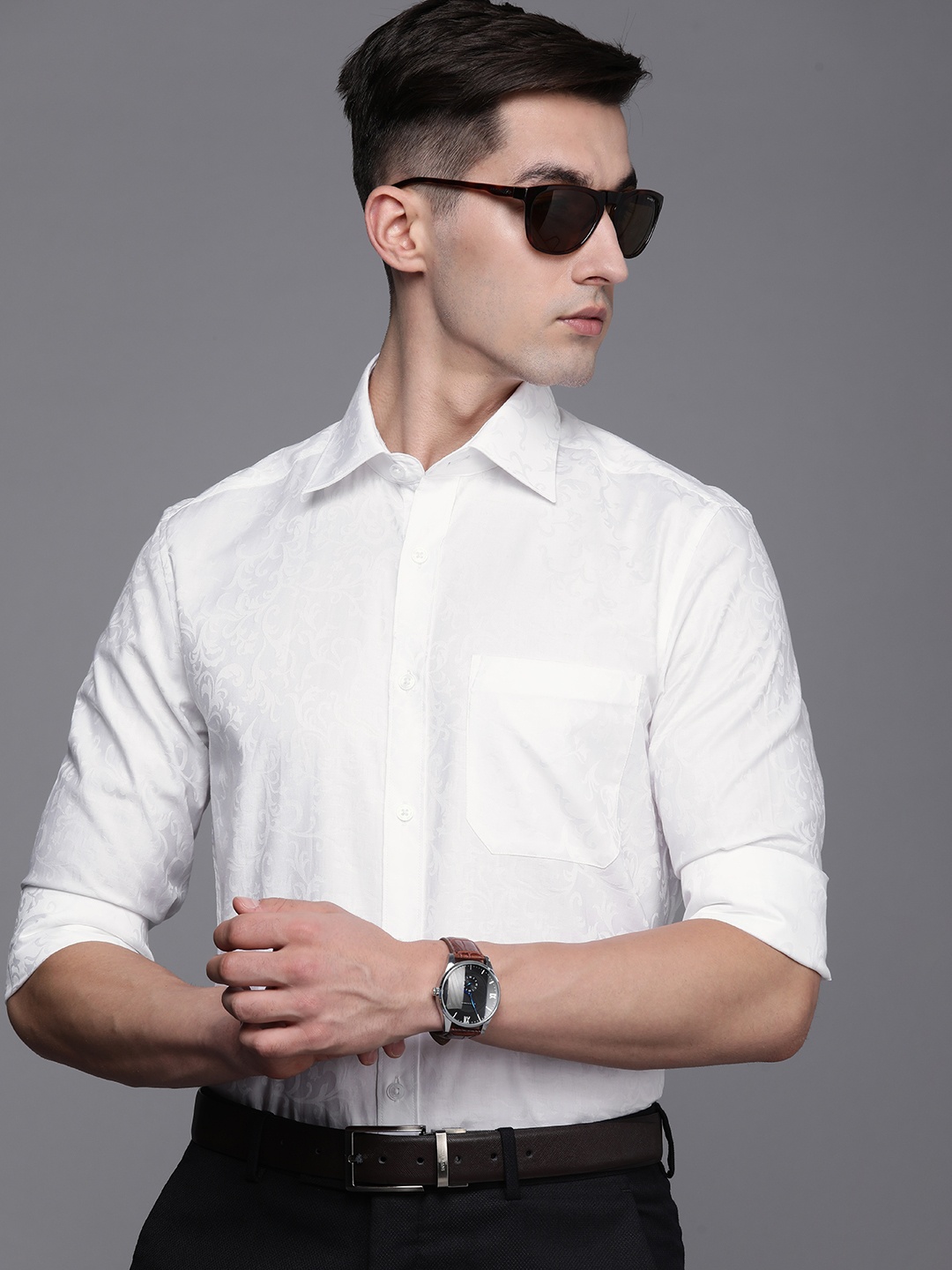 

Louis Philippe Men White Self-Design Classic Fit Fiesta Collection PureCotton Formal Shirt