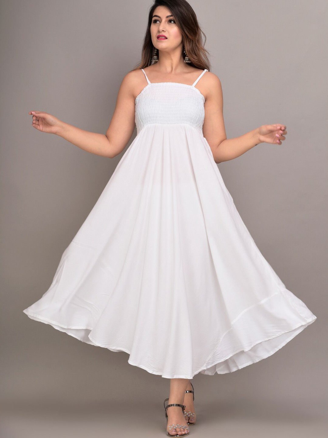 

Maishi White Solid Smocked Maxi Dress