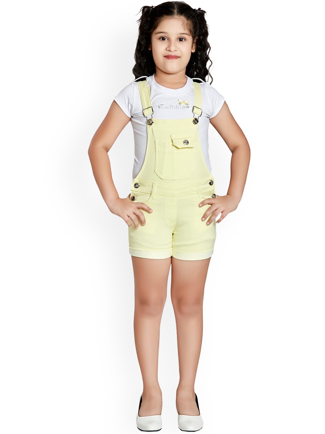 

Peppermint Girls Yellow & White Solid Dungarees With T-Shirt