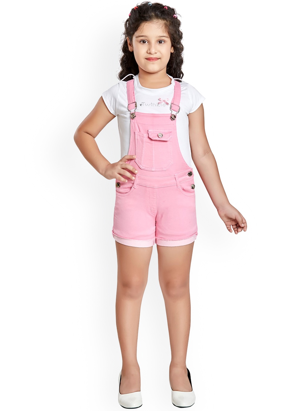 

Peppermint Girls Pink & White Solid Dungarees