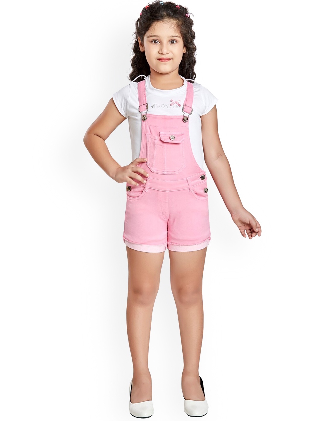 

Peppermint Girls Pink & White Solid Dungarees