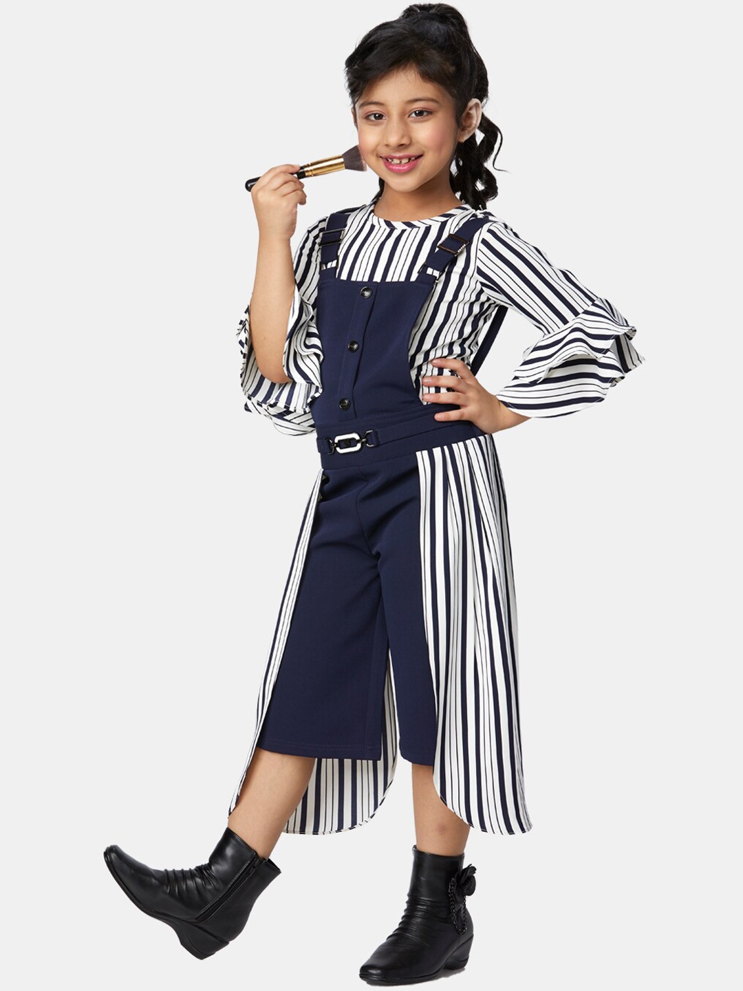 

Peppermint Girls Navy Blue & White Striped Flared Dungarees