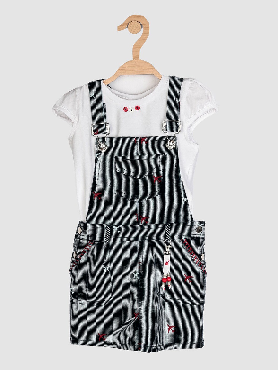 

Peppermint Girls Navy Blue &White Striped Pure Cotton Dungarees With Tshirt