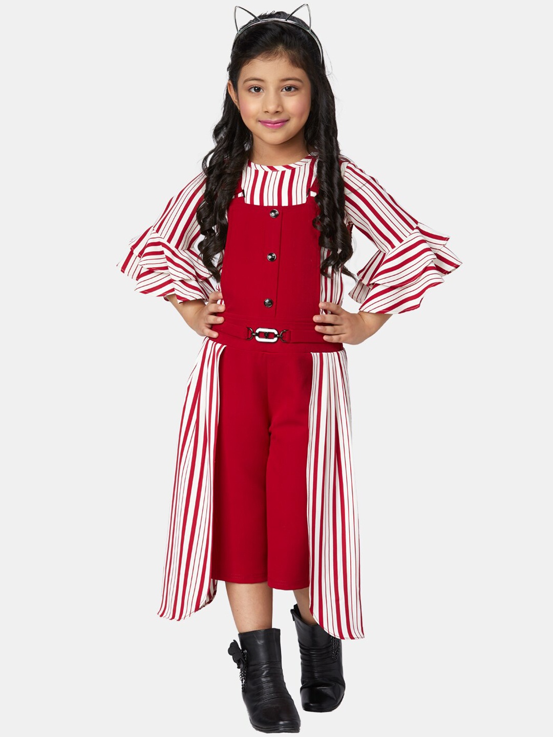 

Peppermint Girls Maroon & White Striped Flared Dungarees