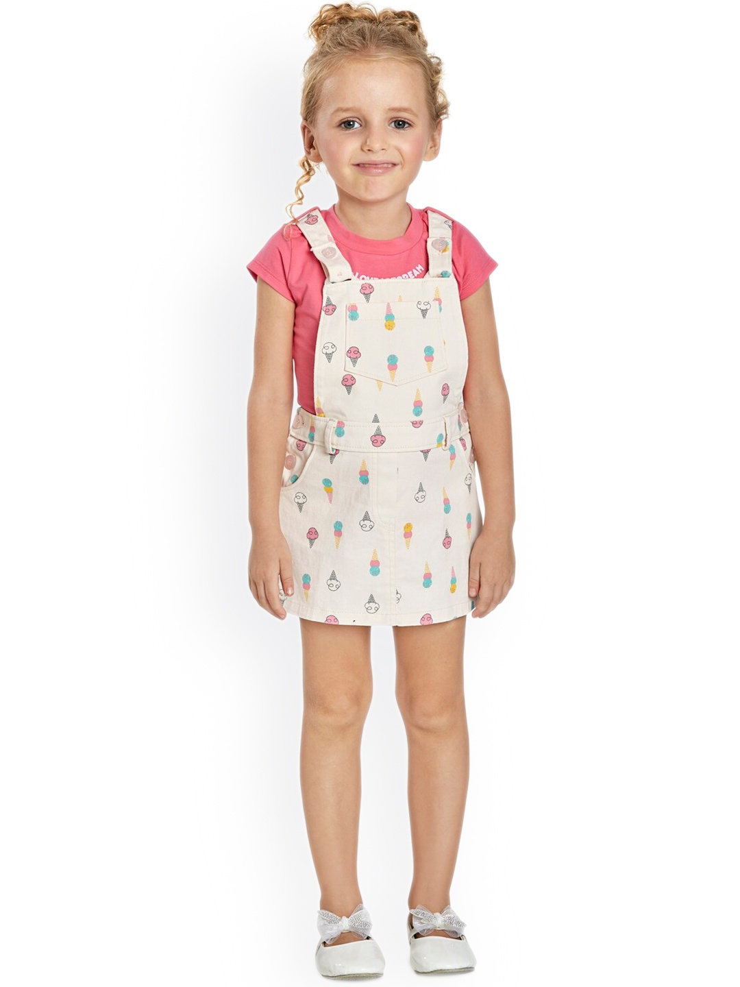 

Peppermint Girls Peach Printed Flared Dungarees