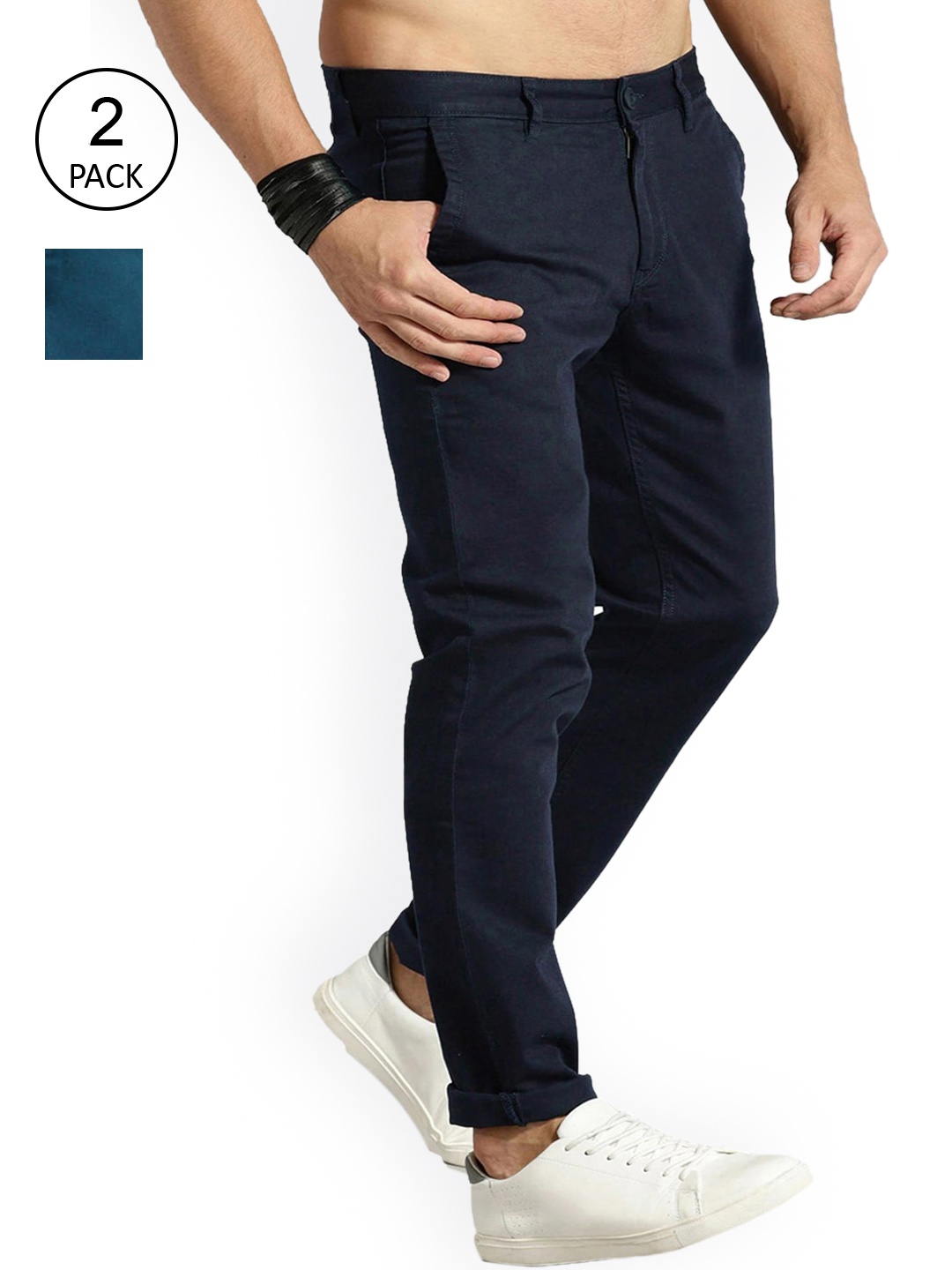 

AD & AV Men Pack Of 2 Navy Blue Classic Easy Wash Chinos Trousers