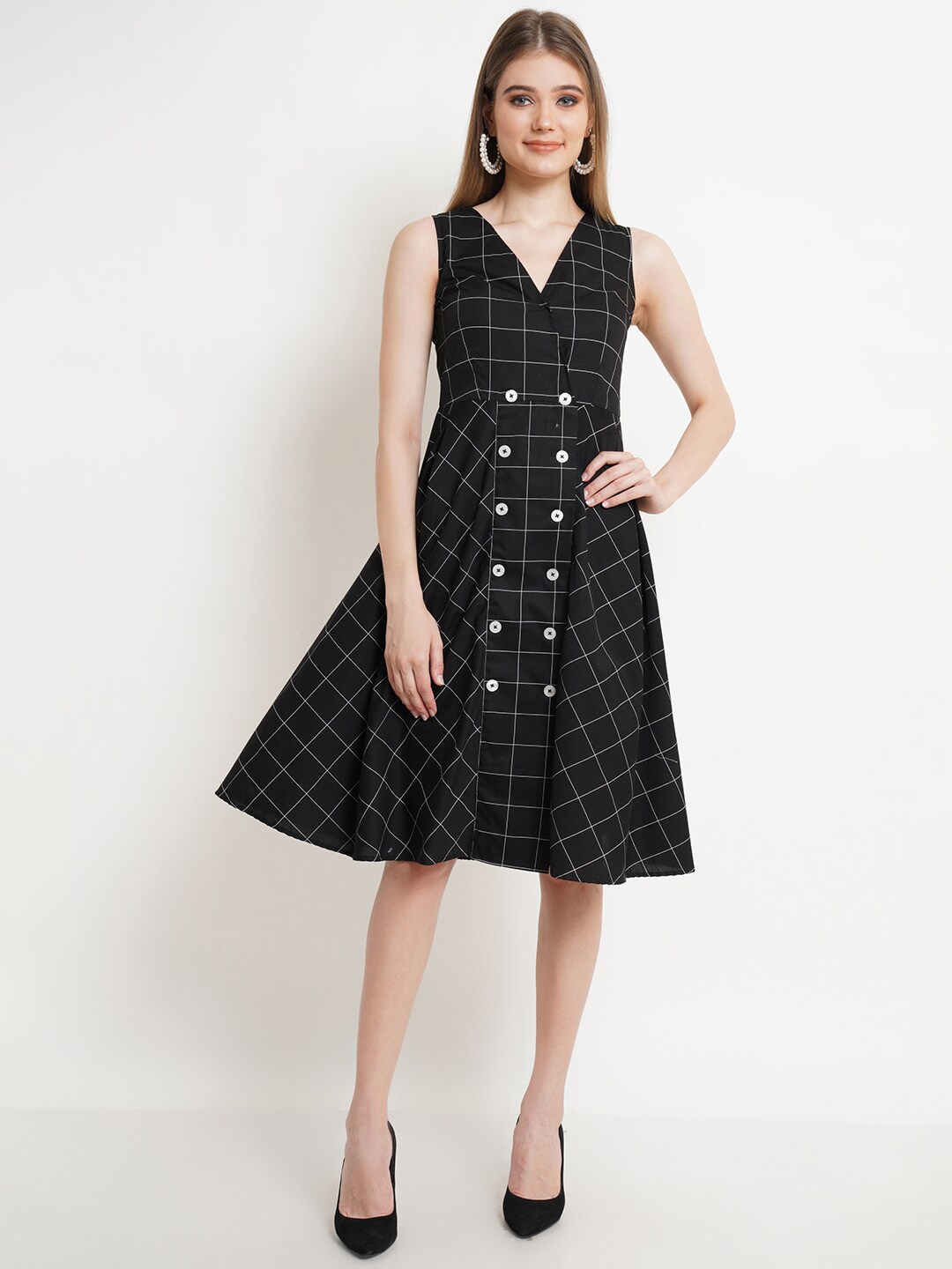 

Purple State Black Checked Cotton Fit & Flare Dress