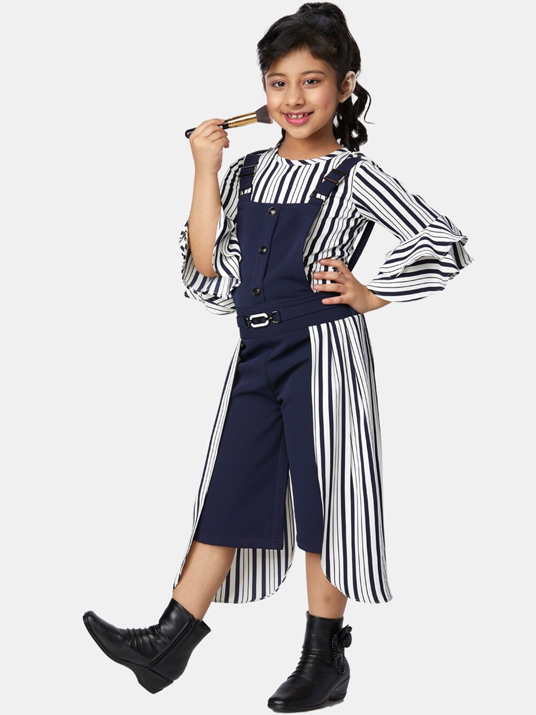 

Peppermint Kids Girls Navy Blue Striped Printed Flared Dungarees