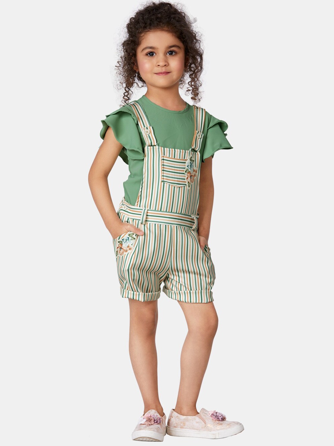 

Peppermint Girls Green & White Striped Dungarees With Tshirt