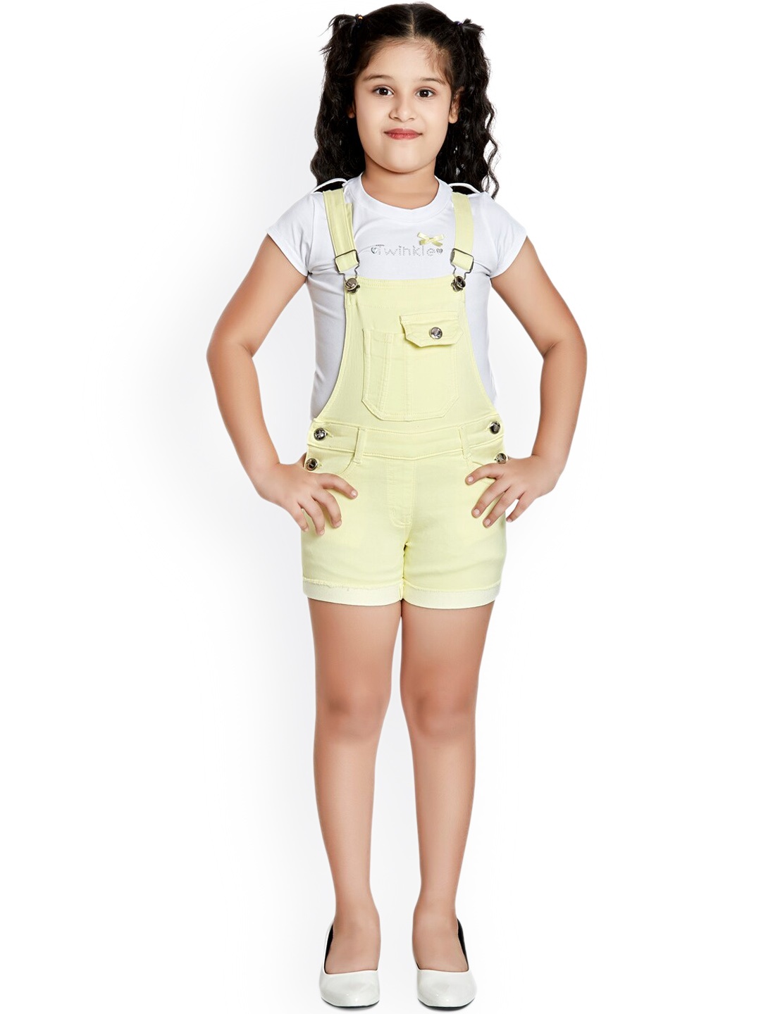 

Peppermint Kids Girls Yellow Solid Short Dungarees