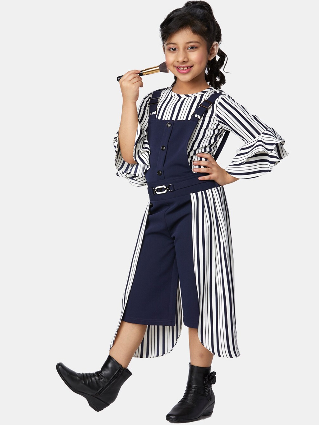 

Peppermint Girls Navy Blue & White Striped Flared Dungarees