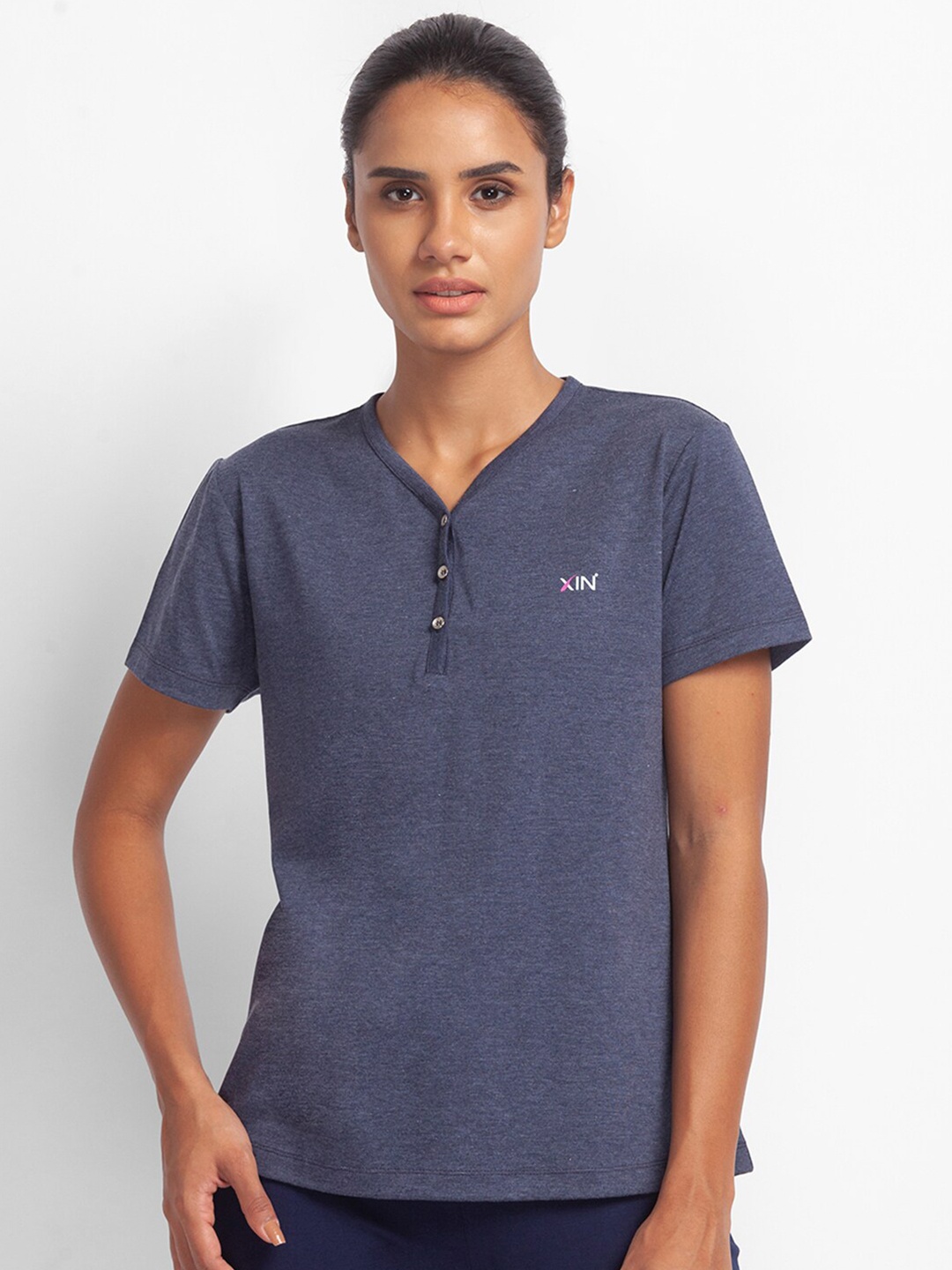 

XIN Women Navy Blue V-Neck Cotton T-shirt