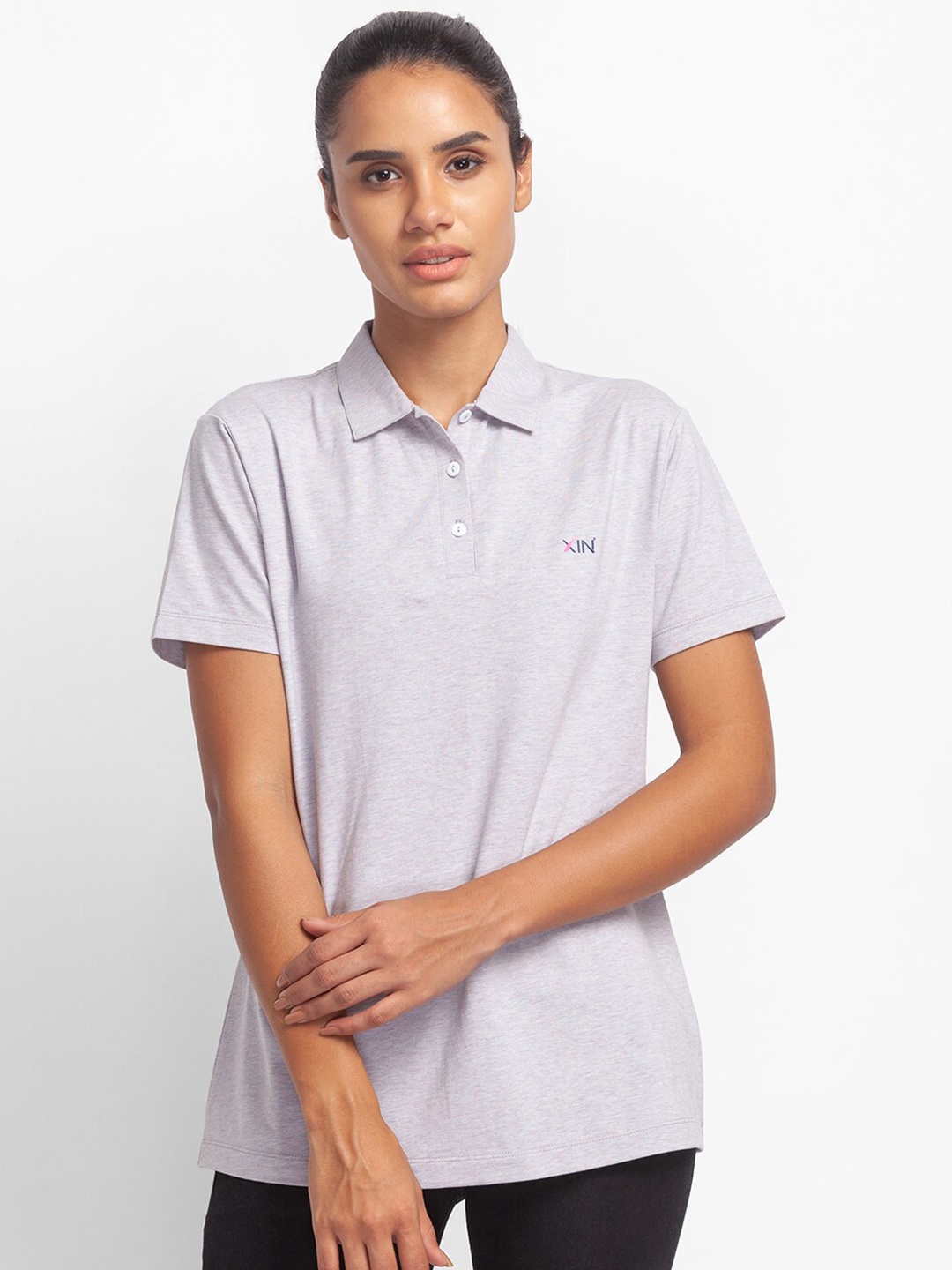 

XIN Women Grey Polo Collar Solid Cotton T-shirt