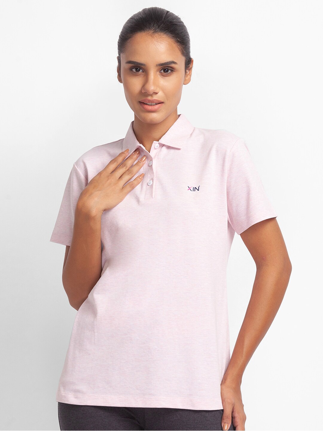 

XIN Women Pink Polo Collar T-shirt