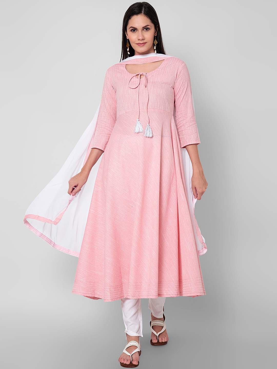 

Sanganeri Kurti Women Pink & White Pure Cotton Kurta with Trousers & Dupatta