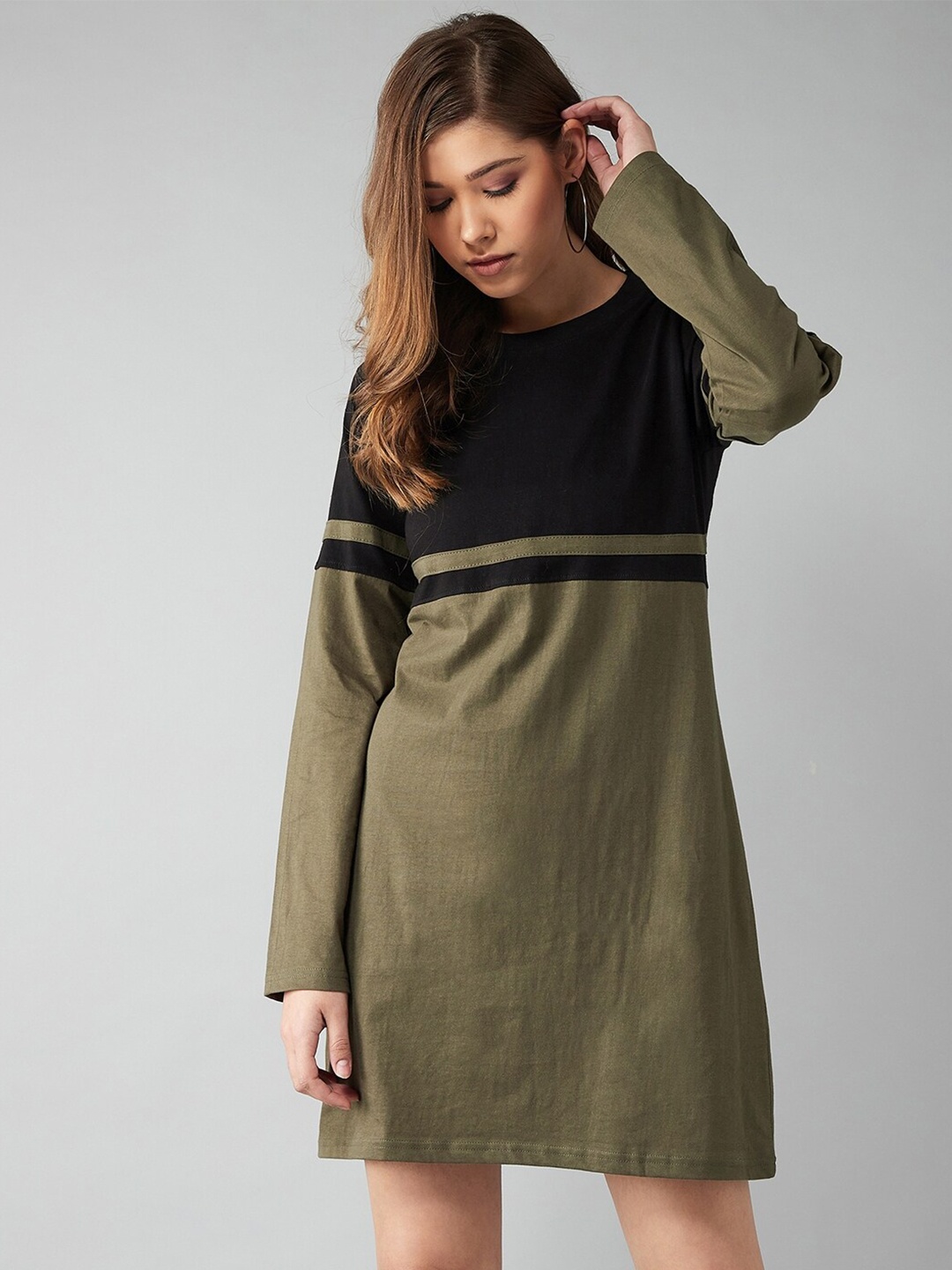 

The Dry State Women Olive Green & Black Colourblocked Cotton T-shirt Dress
