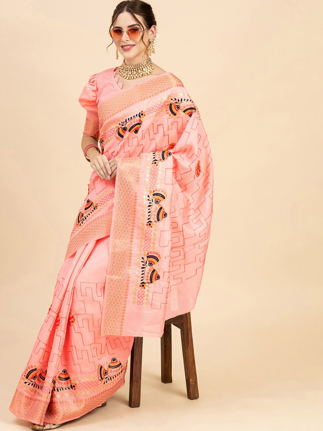 

Sangria Cotton Blend Embroidered Saree, Pink