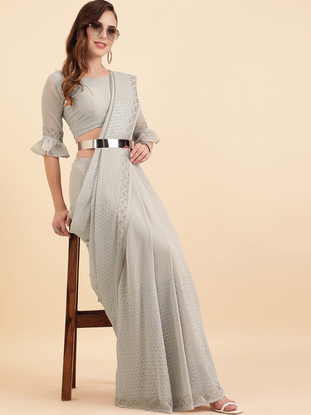 

Sangria Grey-Coloured Gold-Toned Embellished Sequined Pure Georgette Saree