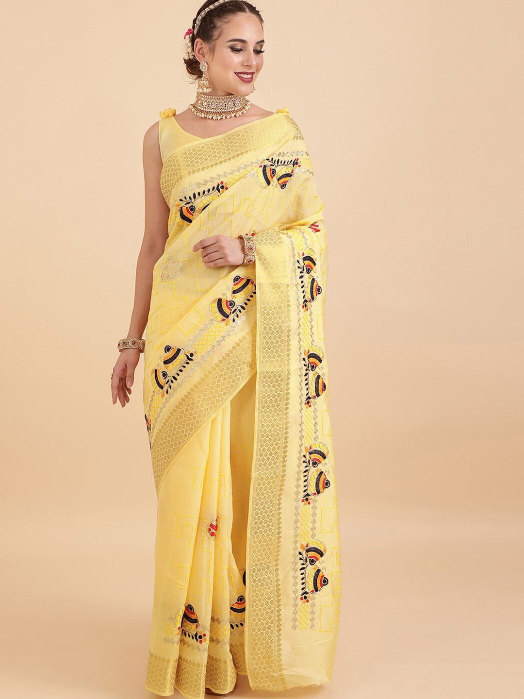 

Sangria Yellow Embroidered Saree