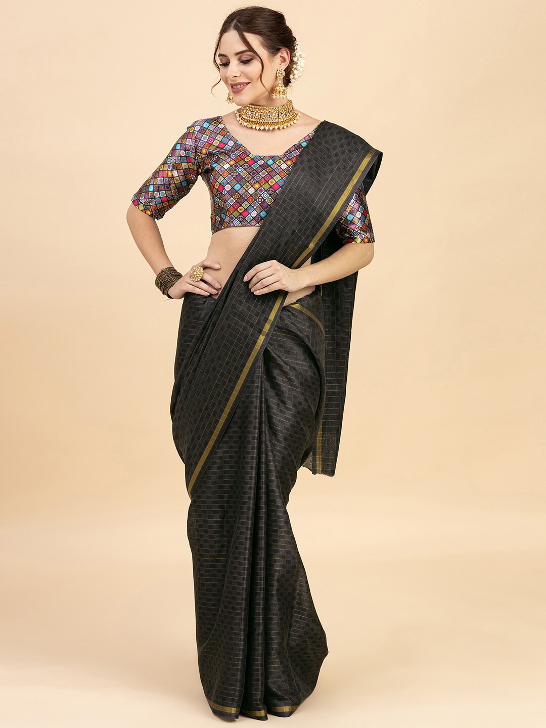 

Sangria Black & Golden Cotton Blend Checked Zari Saree