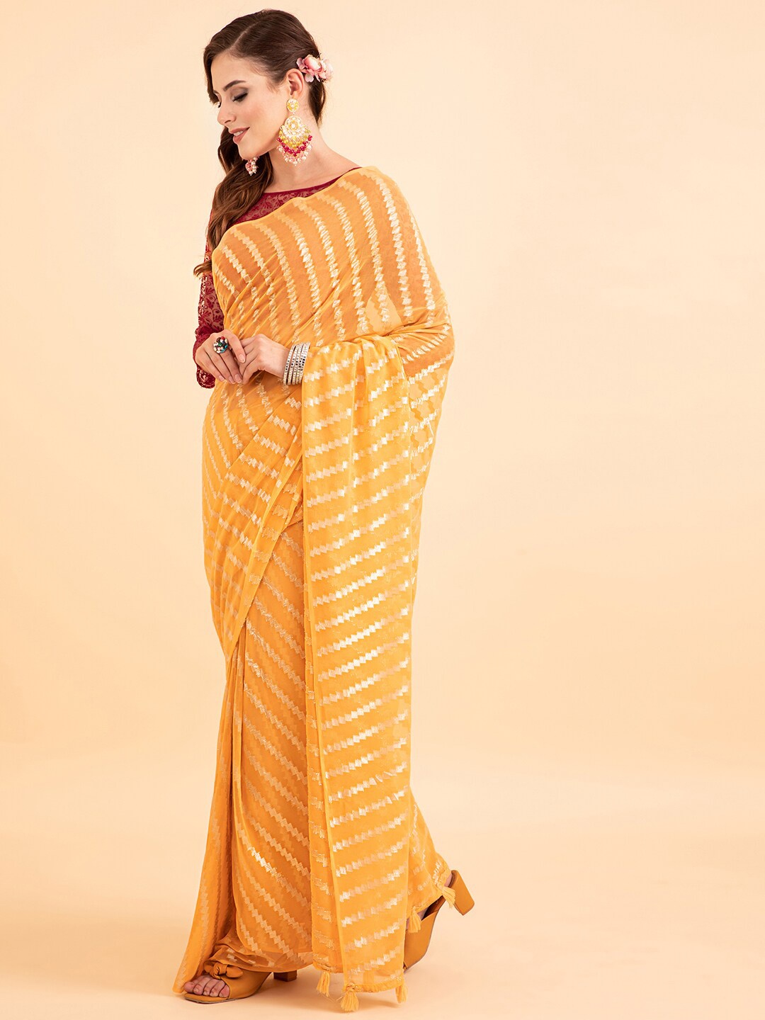 

Sangria Poly Chiffon Striped Leheriya Embellished Saree, Yellow