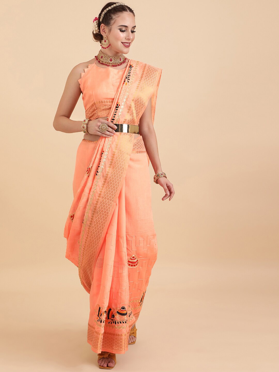 

Sangria Peach-Coloured Cotton Blend Embroidered Saree