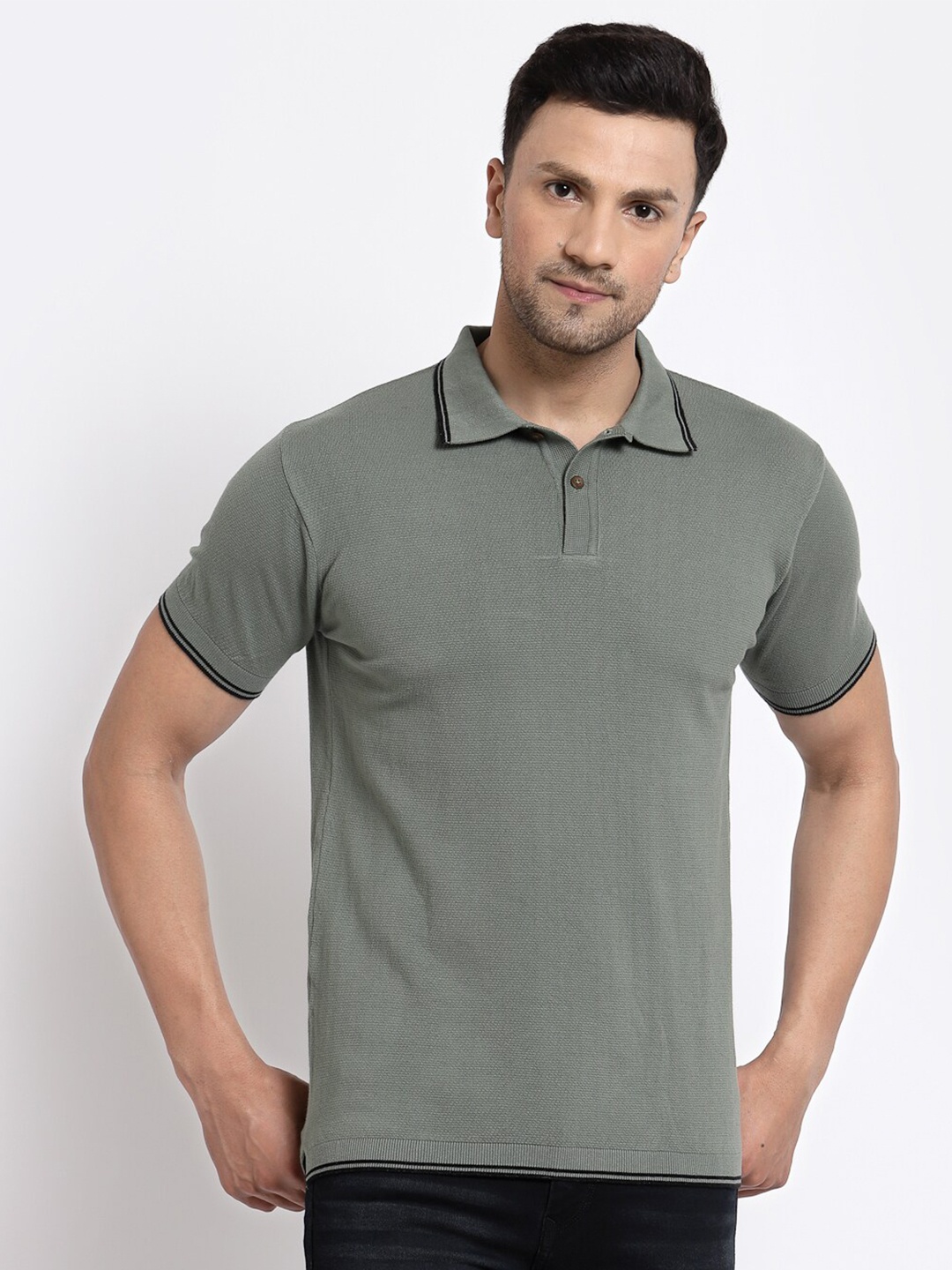 

Kalt Men Green Polo Collar Cotton T-shirt