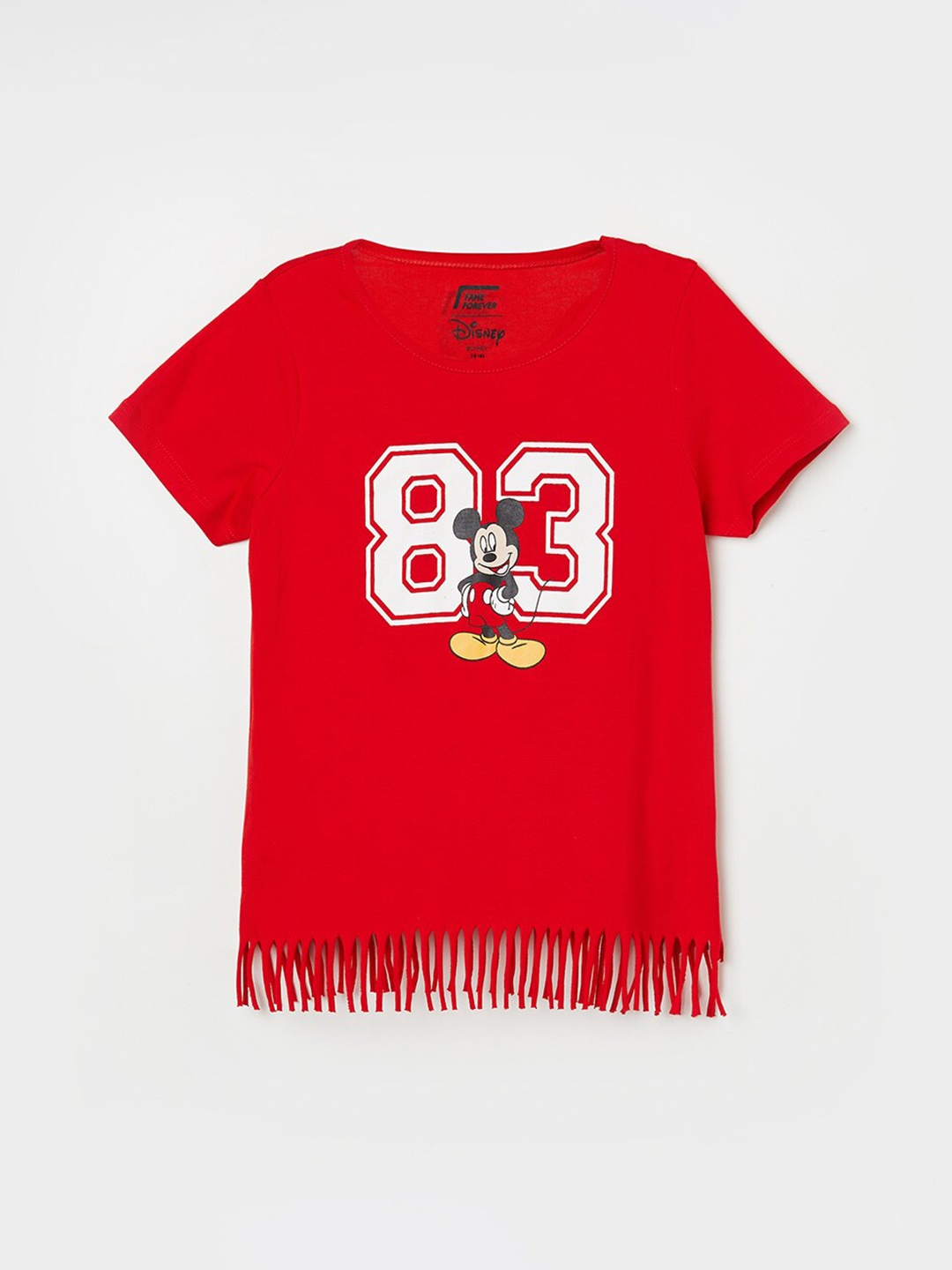 

Fame Forever by Lifestyle Girls Typography & Mickey Mouse Printed Fringed Pure Cotton Top, Red